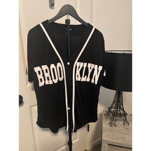 FIVE BY FIVE Black Brooklyn Baseball Jersey Short Sleeve Button Up Top SZ M